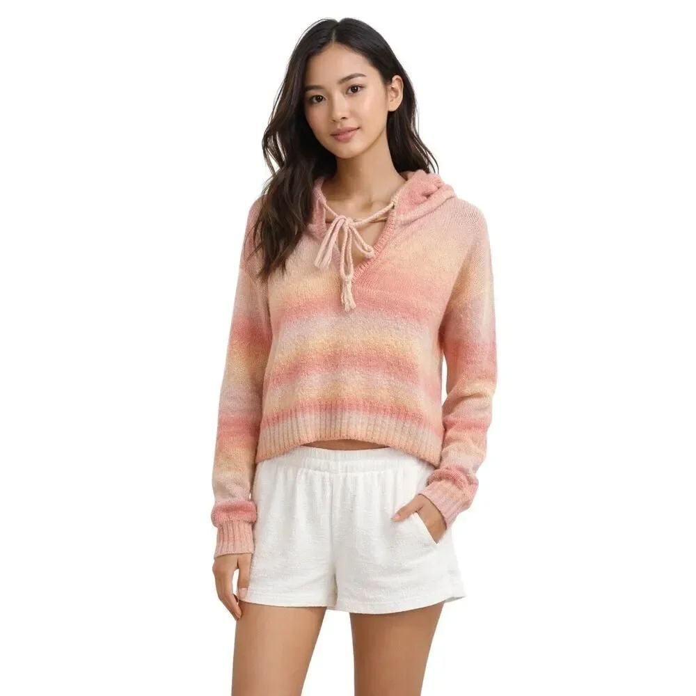 LISA TODD Women's Color Cloud Striped Sweater Hoodie Pink/Orange Extra Small